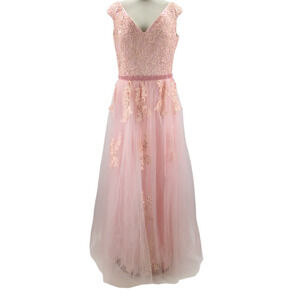 FORMAL PARTY SZ 2 XS pink beaded embroidered tulle maxi dress gown NEW B122